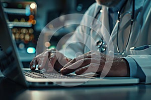 Doctor working with laptop computer and writing on paperwork. Hospital background