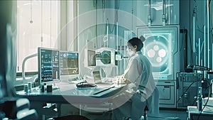 Doctor working in modern hospital. Healthcare, medicine and technology concept. AI generated.