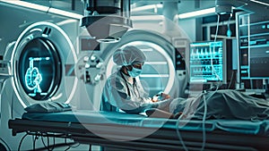 Doctor working in modern hospital. Healthcare, medicine and technology concept. AI generated.
