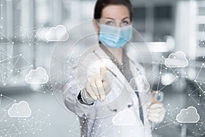 The doctor working in a network cloud data