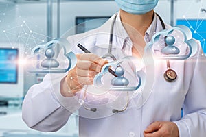 Doctor working in network cloud medical data
