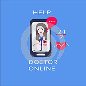 Doctor working online on computer. Flat style vector illustration. icon allday help