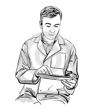 Doctor working on a tablet Vector sketch storyboard. Detailed character illustrations