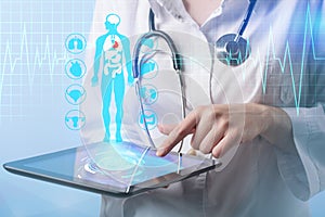 Doctor working on a virtual screen. medical technology concept