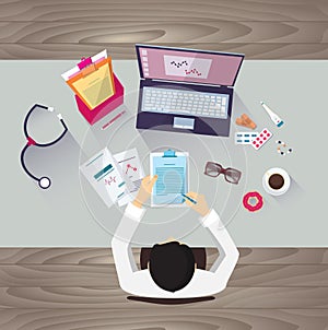 Doctor workplace, vector illustration. Male person