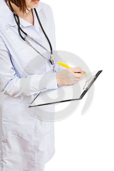Doctor writes in clipboard isolated on white