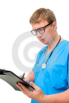 The doctor writes the results of surveys in a folder