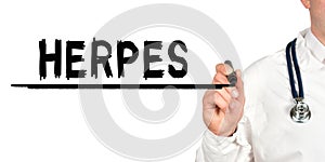Doctor writes the word - HERPES. Image of a hand holding a marker isolated on a white background
