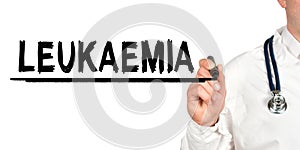 Doctor writes the word - LEUKAEMIA. Image of a hand holding a marker isolated on a white background