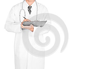 Doctor writing on clipboard, isolated on white background with c
