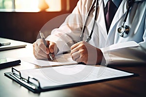 Doctor Writing Patient Diagnosis in Modern Clinic with Laptop on Desk