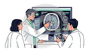 Doctors Analyzing Brain Scan on Computer and Tablet Screen