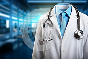 Doctors attire enhances medical scene lab coat, stethoscope on background