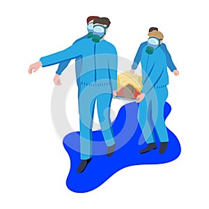 Doctors in blue protective coveralls carry patient on stretcher. Transportation of patient by virus. Vector isolated on