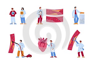 Doctors and cardiologists examining heart and artery, flat vector illustration isolated on white background.
