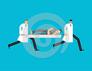 Doctors carry patient on stretcher. Transportation of patient by virus. Coronavirus illustration