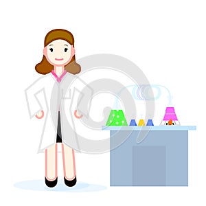 The doctors character is next to the table with medicines and scientific examinations