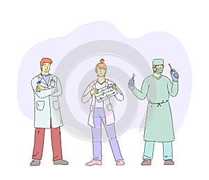 Doctors characters. Hospital healthcare staff doctor therapist, cardiologist, surgeon. Medical team professional hospital workers