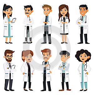 Doctors characters set in cartoon style isolated. Standing clinic staff characters, healthcare group, hospital medics on