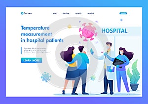 Doctors check the body temperature of patients at the entrance to the hospital. Flat 2D. Vector illustration landing page