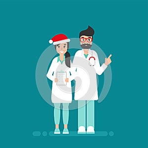 Doctors with check list and Christmas hat on blue background. Winter precautions list