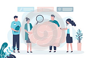 Doctors conduct various studies on brain. Female character examines brain with magnifying glass. Group of medical staff in white