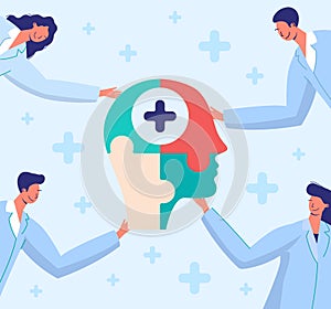 Doctors connect puzzle vector illustration, cartoon flat medical people connecting brain jigsaw puzzle pieces, doctoral photo