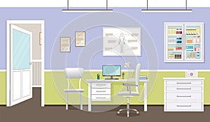 Doctors consultation room interior in clinic. Hospital working in healthcare concept. Empty medical office design