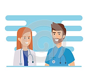 Doctors couple with stethoscopes characters