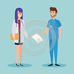 Doctors couple with stethoscopes characters