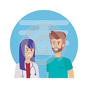 Doctors couple with stethoscopes characters