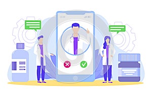 Doctors discuss with curator by phone diagnosis and medical treatment vector illustration.