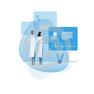 Doctors discussing patient together vector concept icon. Medical professionals, colleagues, teamwork. Health care symbol