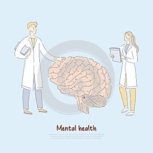 Doctors examining huge human brain, psychiatry, professional assistance, neurobiology, psychology banner photo