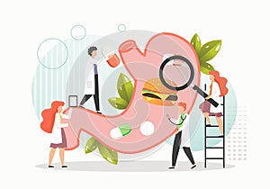 Doctors examining and treating human stomach with burger and pills inside, flat vector illustration.