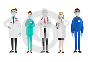 Doctors. A group of medical workers wearing two masks and wearing medical gloves. Chief physician and medical specialists.