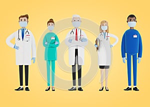 Doctors. A group of medical workers wearing two masks and wearing medical gloves. Chief physician and medical specialists.