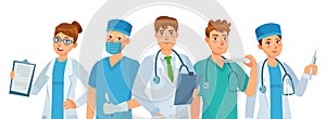 Doctors group. Young medical workers, hospital team and clinic doctor. Health care teamwork cartoon vector illustration.