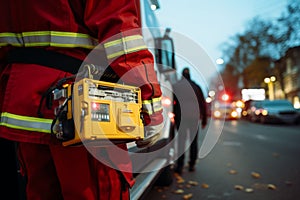 Doctors hand holding a defibrillator, responding to a traffic accident with the EMS