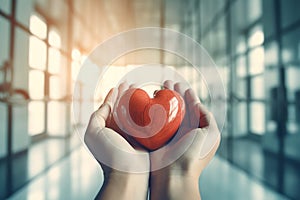 Doctors hand holding a red heart shape in a hospital.illustration. Ai generative