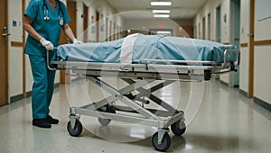 Doctors Hospital Corridor Nurse Pushing Gurney Stretcher Bed