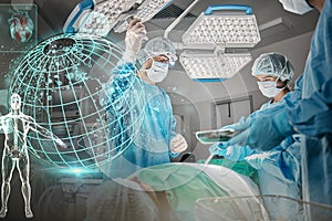 Doctors, hospital and hologram earth for healthcare in operating room for surgery, ppe and help for emergency. Surgeon