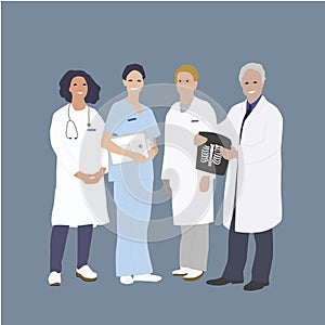 Doctors and hospital medical staff vector illustration. Proffesional medical team and physicians doctors with stetoscope and x-ray