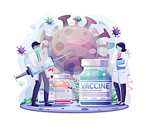 Doctors inject a syringe vaccine into the covid-19 coronavirus cell. Vaccination concept vector illustration