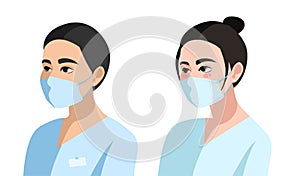 Doctors male and female Asian ethnicity in medical masks. Portrait of a doctor and a nurse - health care team. isolated