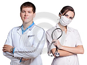 Doctors man and woman with folded arms.