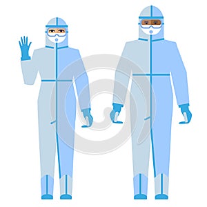 Doctors man and woman in protective antiviral suits. Coronavirus pandemic