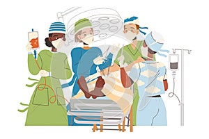 Doctors in Masks Standing Above Patient at Surgery Table as Medical Staff Working in Clinic Vector Illustration