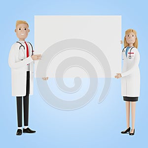 Doctors. Medical specialists man and woman holding blank poster.