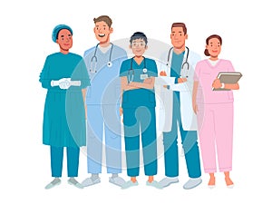 Doctors. Medical team. Men and women working in the healthcare sector. Vector illustration